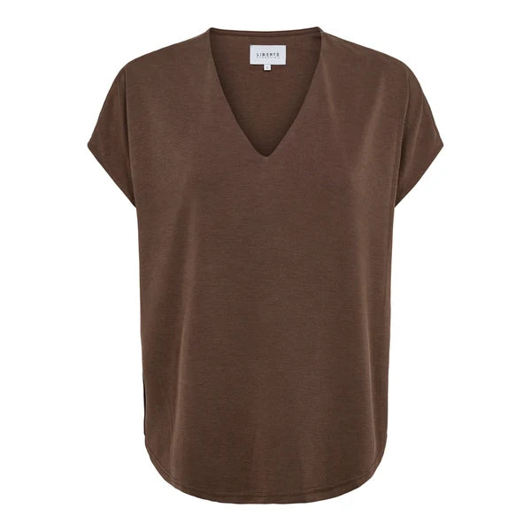 A brown short-sleeve V-neck top with a relaxed fit, displayed on a clean white background.