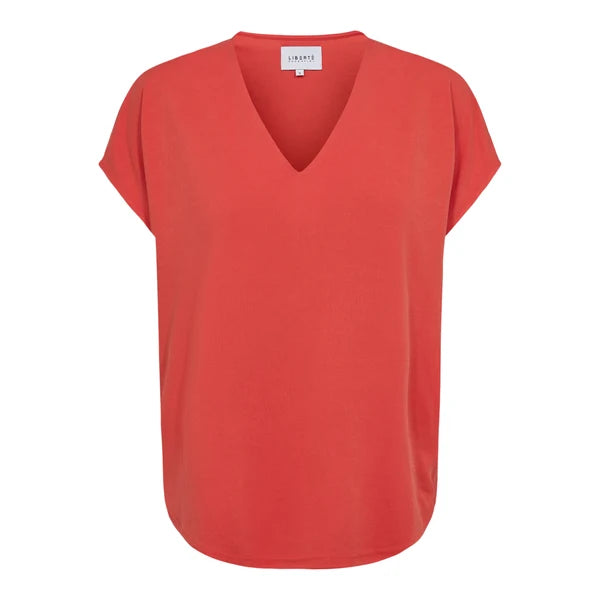 A coral red short-sleeve V-neck top by Uniqlo, displayed flat against a solid white background.