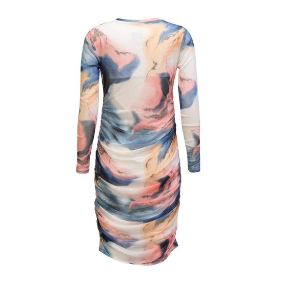 Mesh LS Long dress Blue Peach Gold  Marble