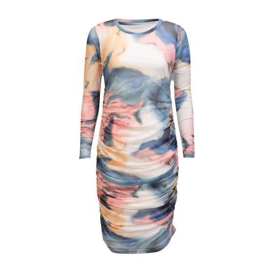 Mesh LS Long dress Blue Peach Gold  Marble